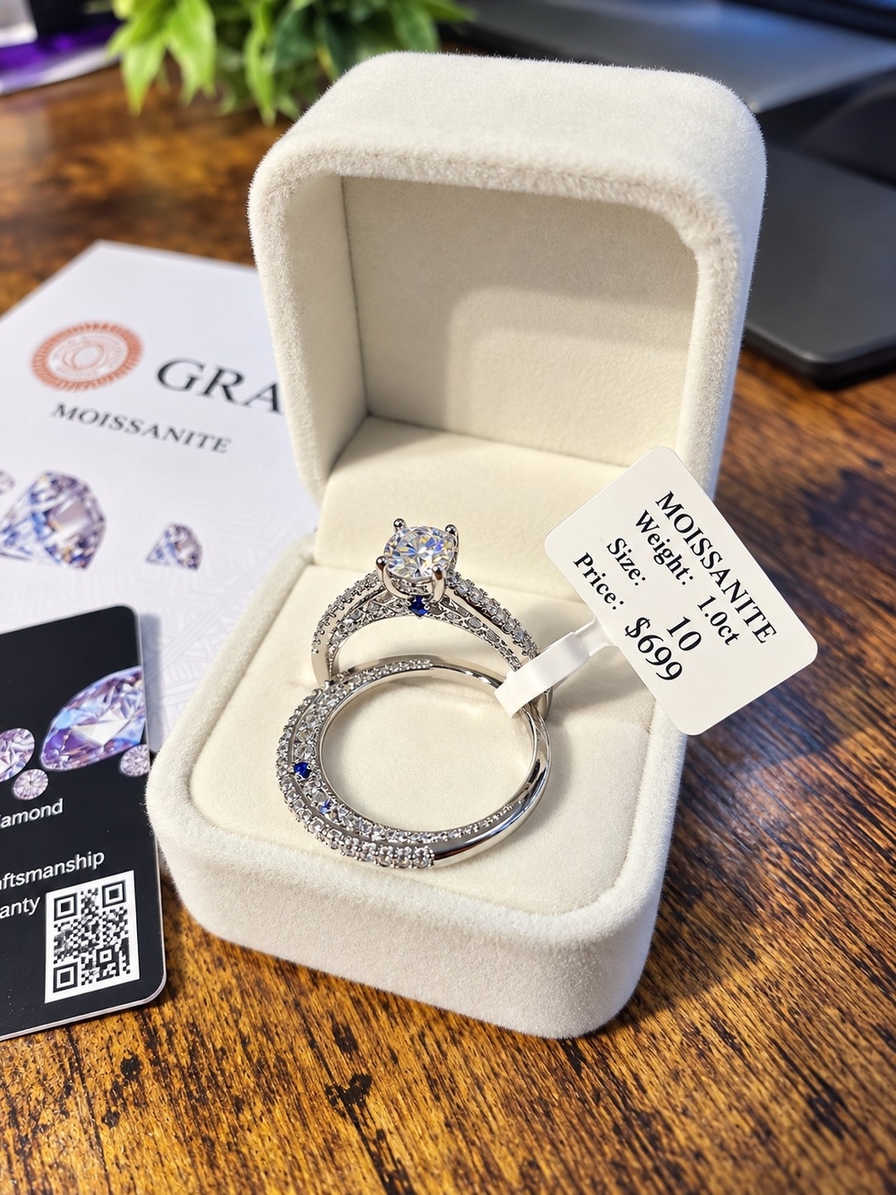 New 2 Piece 1.0 Ct Moissanite Ring Set, Pave Band, Intricate Detailing, Sz 10